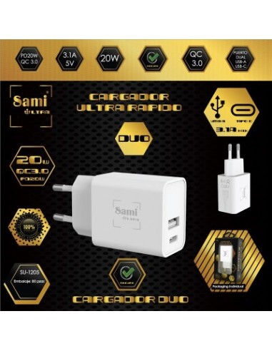 CABLE SAMI ULTRA CARGADOR RAPIDO DUO USB+TIPO C 20W/QC 3.0 SU-1205