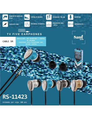 AURICULARES SAMI TV FIVE NEG/COLOR METAL CABLE 5M RS-11423-